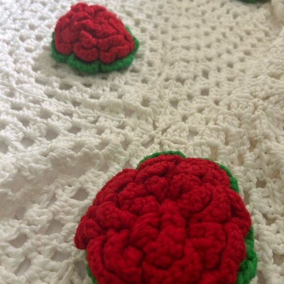 Vintage Boho Crochet Blanket with Red and Green Floral Rose Accents 104 inchX93 - Picture 9 of 16
